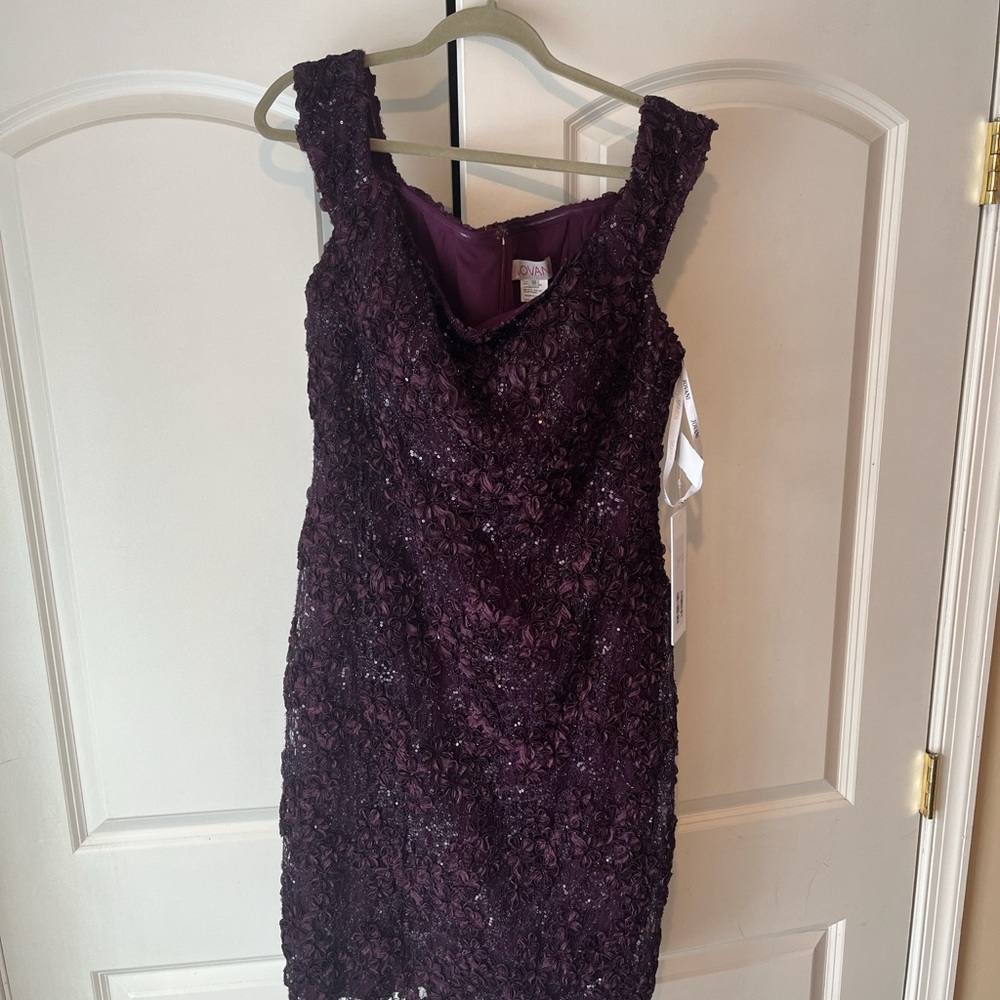 Elegant Purple Plum Eggplant Sleeveless Dress JOVANI rosette design.